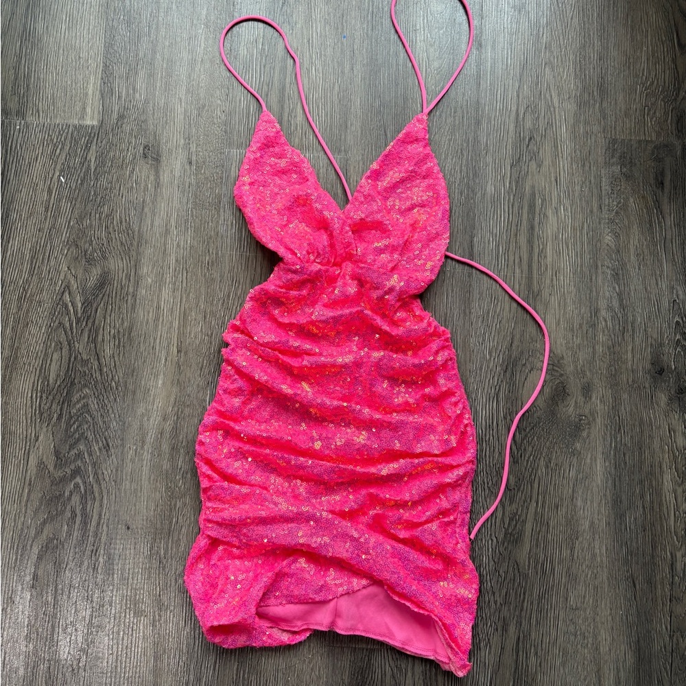 Pink Sequin Ruched Mini Dress